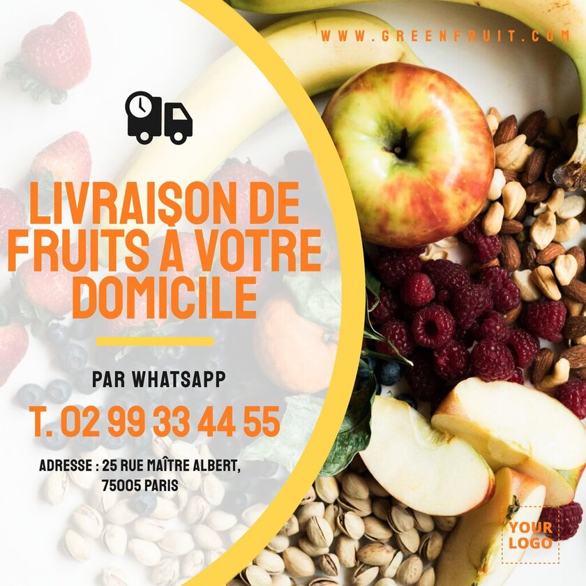 modèle jaune et orange d'affiche de livraison de fruits à domicile