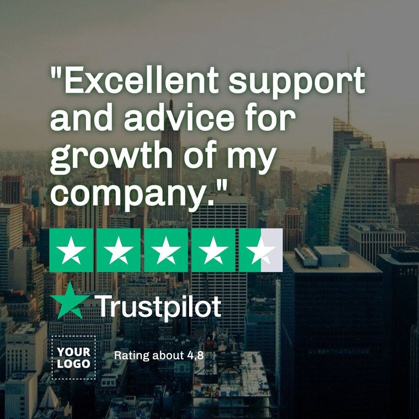 Trustpilot review template with green and gray stars and photo background
