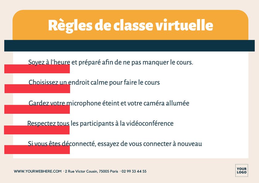 modèle d'affiche éditable des règles de classe virtuelle orange et blanc