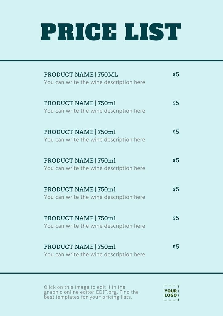 Tshirt PRICE LIST Template Editable. Printable Price Sheet 