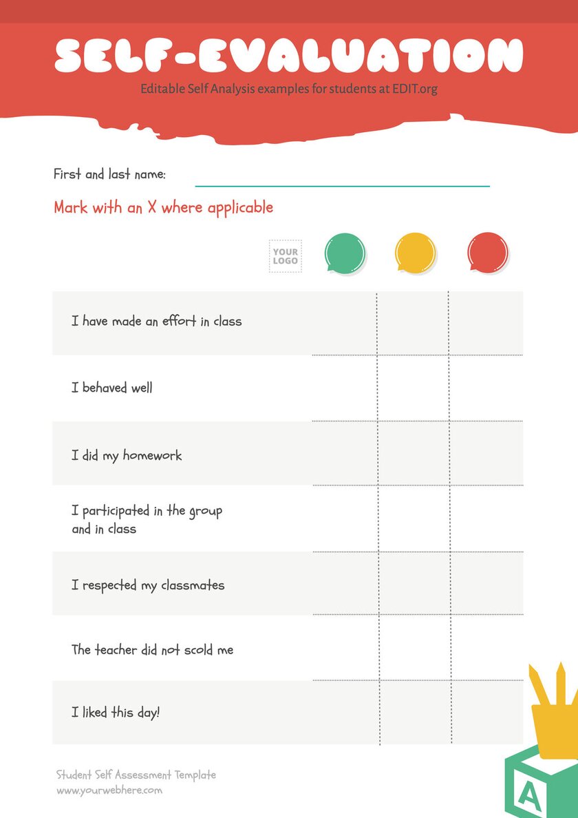 Editable self assessment example for students