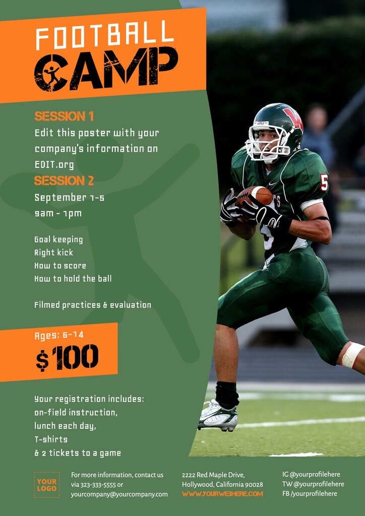 Customizable football camp flyer template