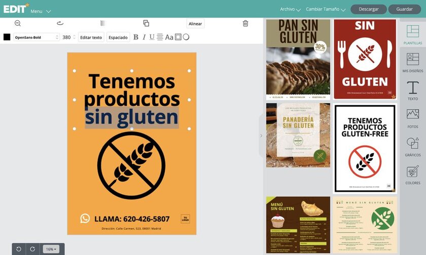 Carteles para productos Sin Gluten editables