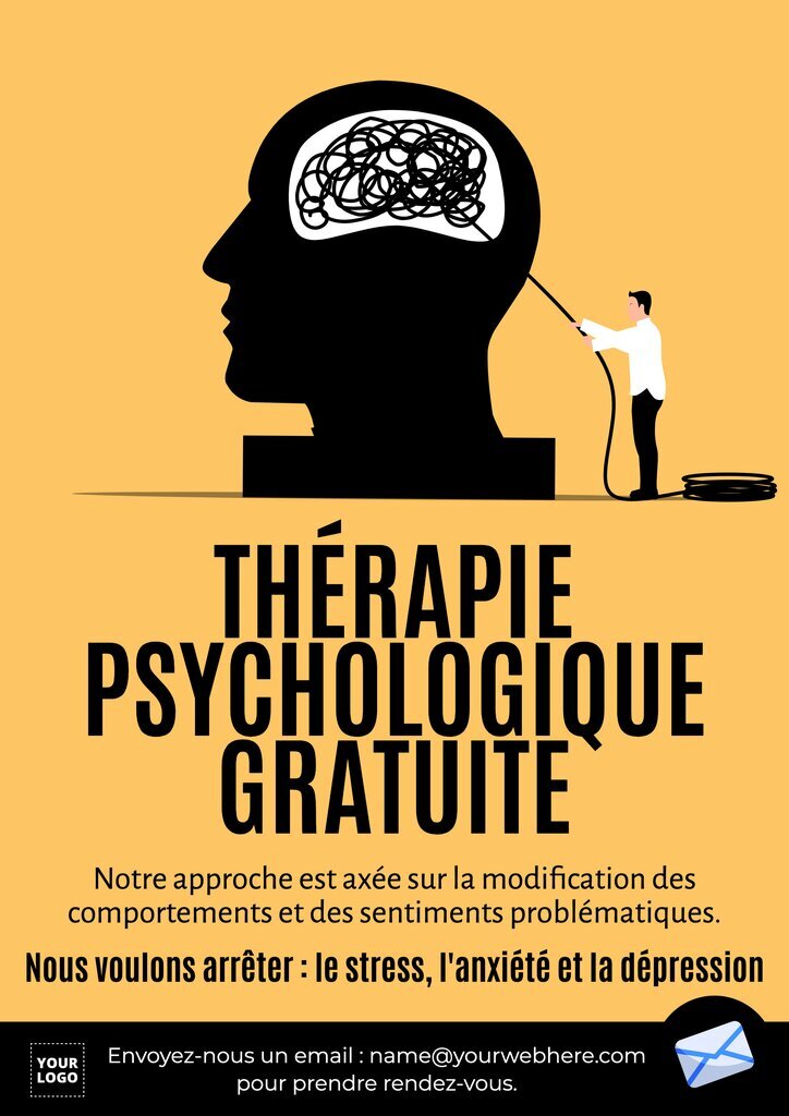 modele affiche pour de la therqpie psychologie gratuite avec dessin de cerveau jaune et noir
