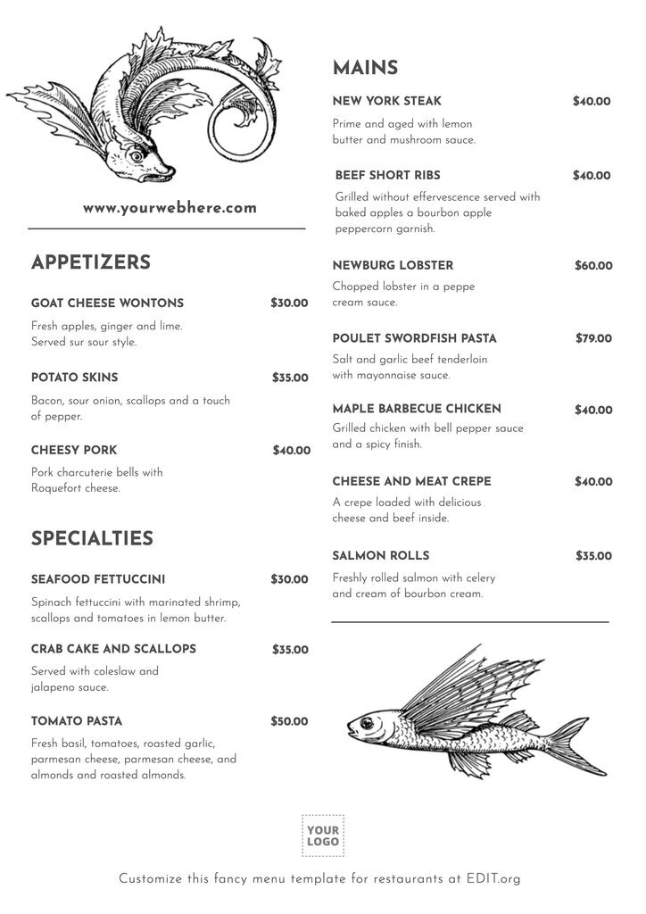 Customizable fancy menu templates to print