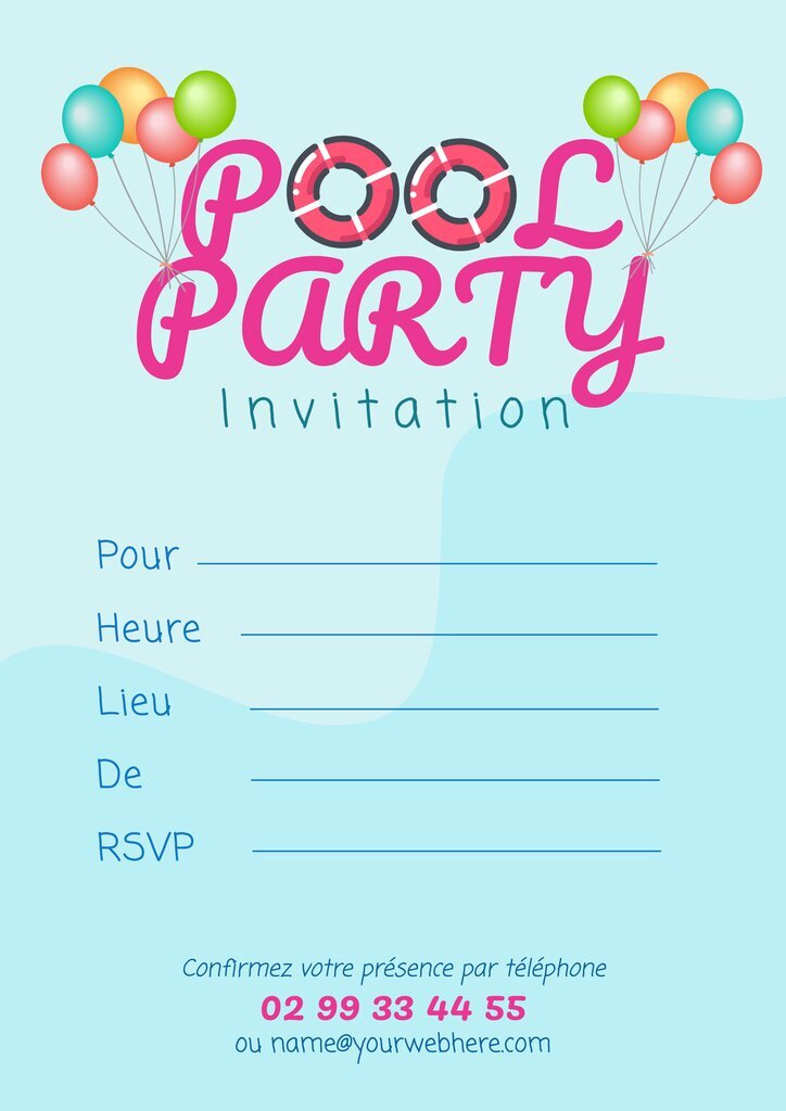 Invitation éditable bleue à une pool party à confirmer