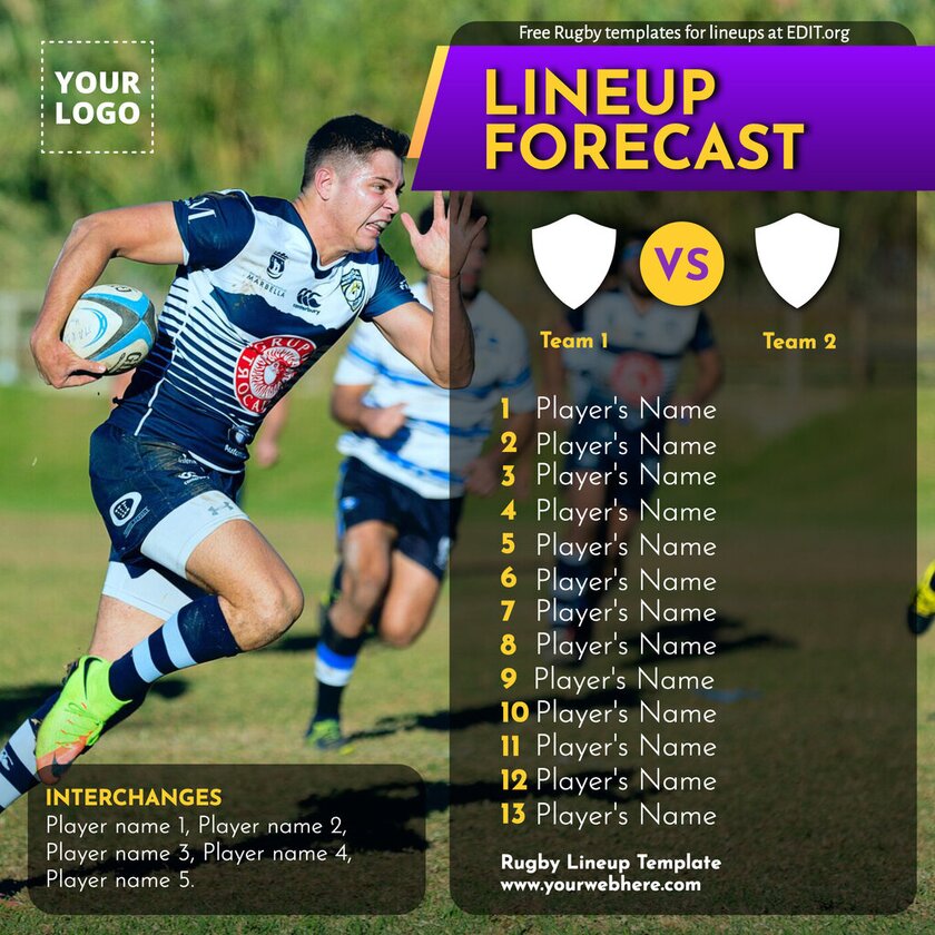 Customizable rugby team lineup template