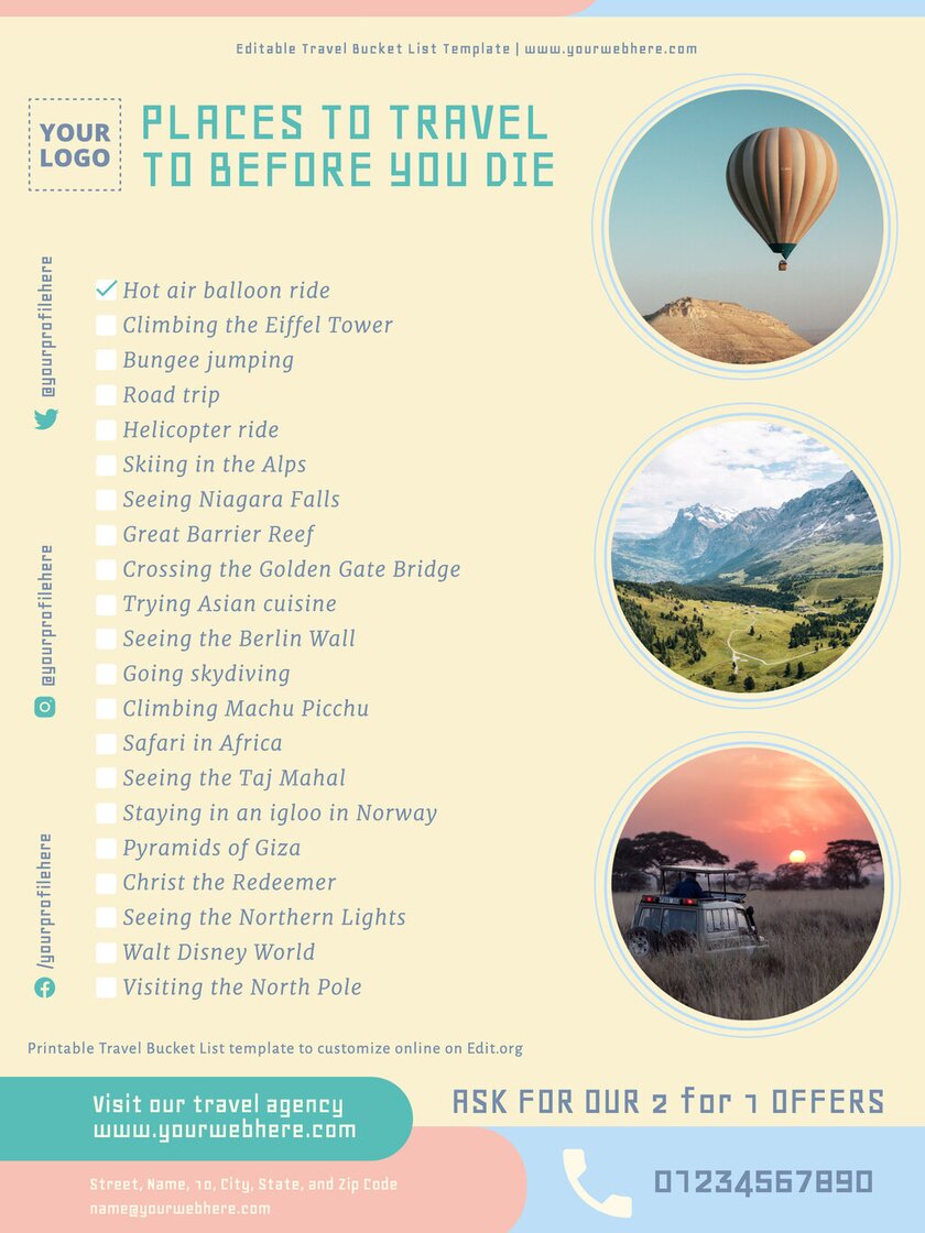 Editable template of bucket list experiences to print