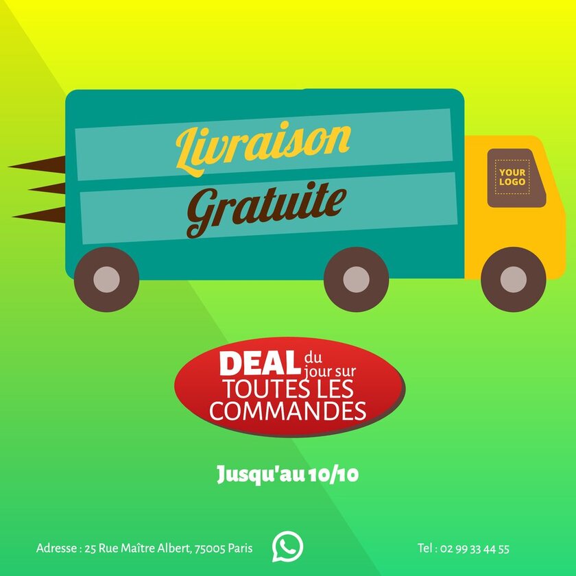 modèle jaune et vert avec camion d'affiche de livraison gratuite à domicile
