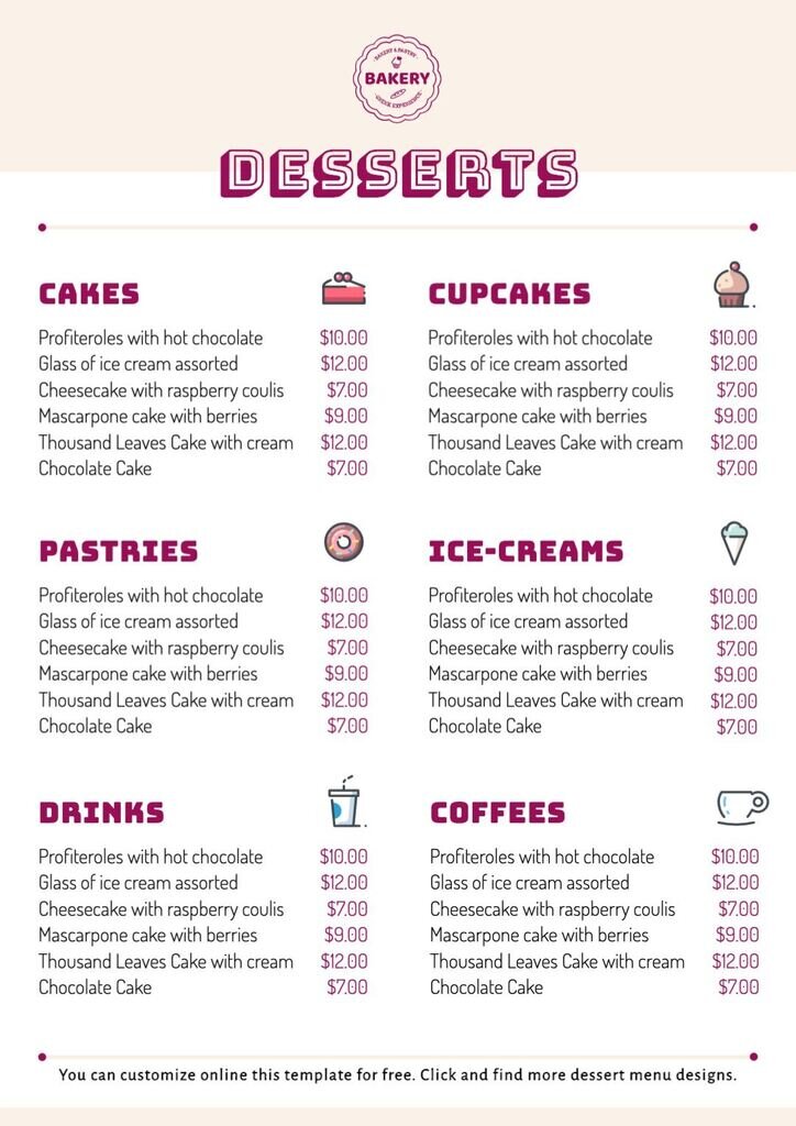 Dessert menu template to make a list for your restaurant online and free