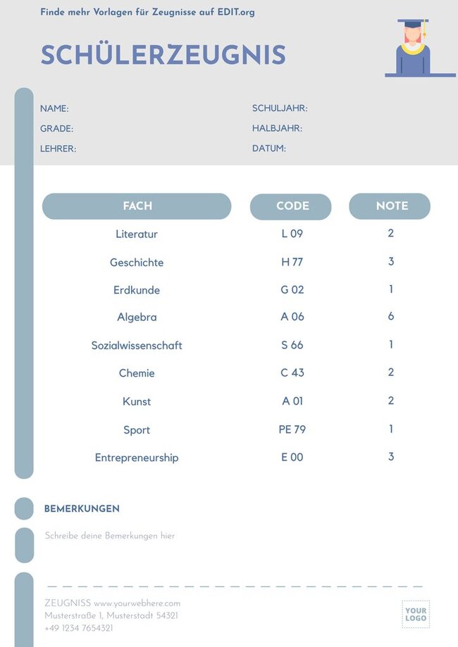Anpassbare Vorlagen F R Zeugnisse
