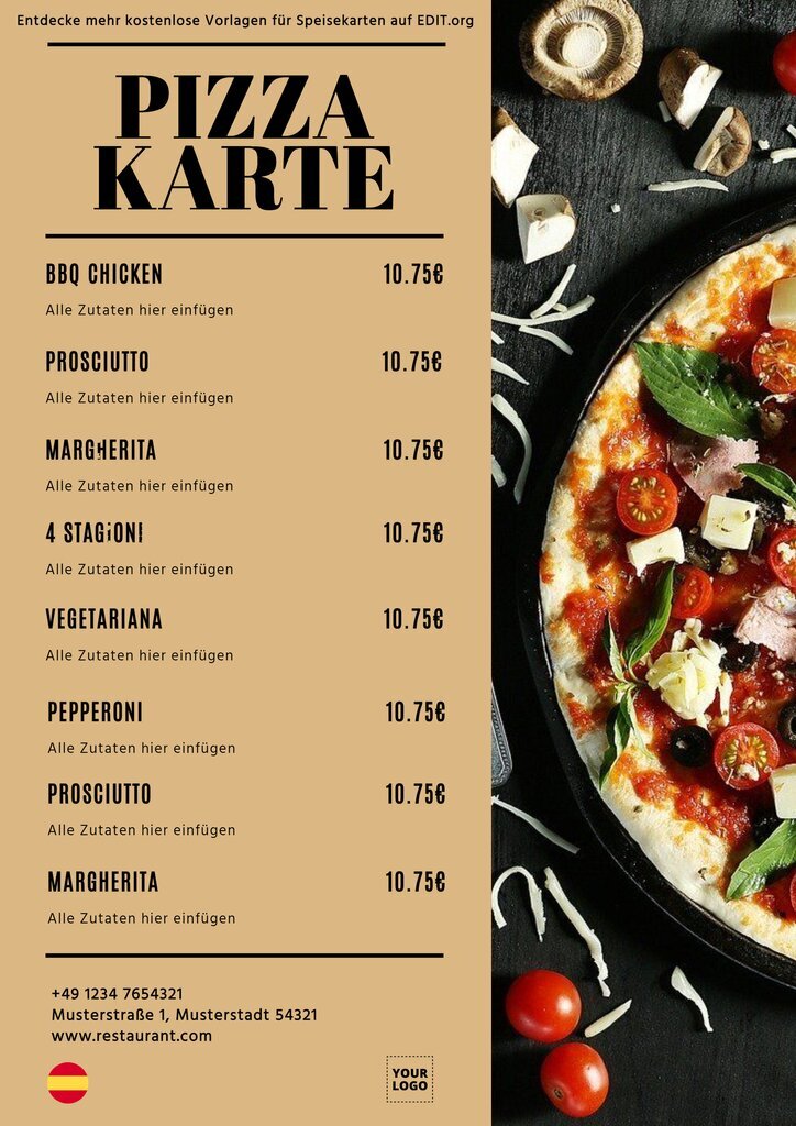 Kostenlos editierbare Speisekarten für Pizzaläden