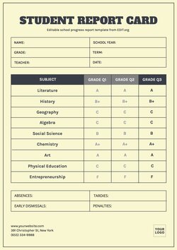 Customizable Student Report Card Templates