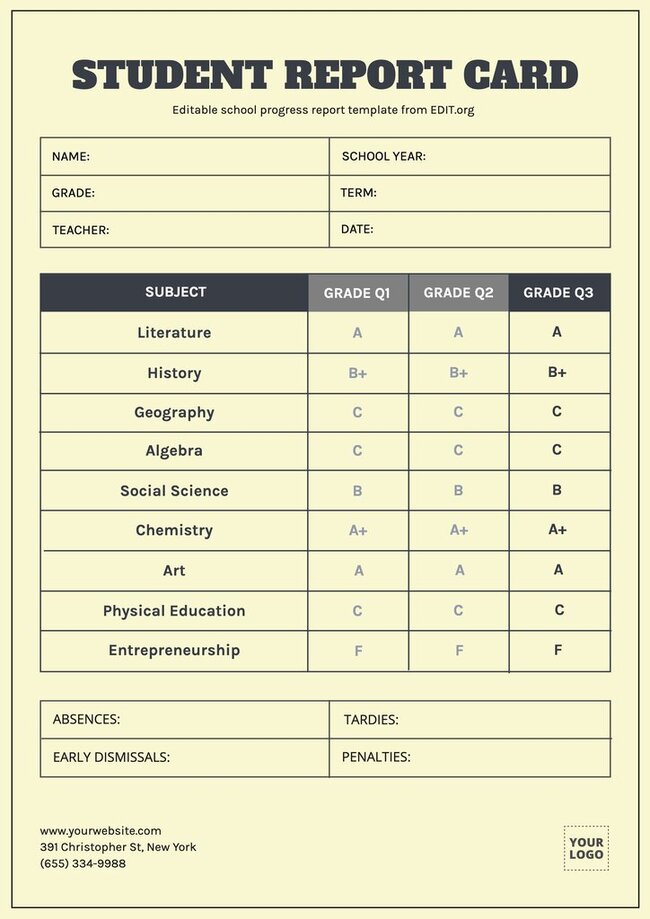 Customizable Student Report Card Templates