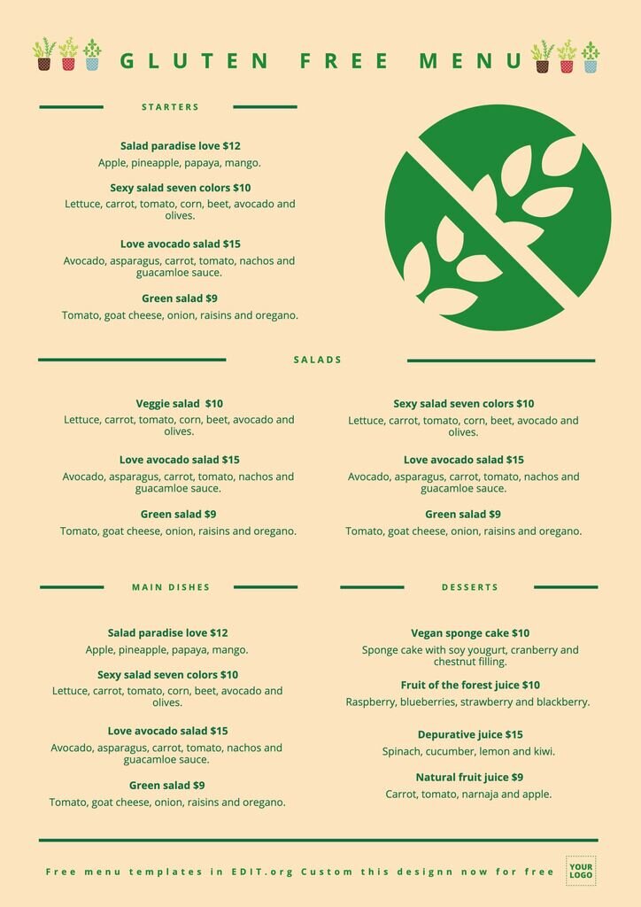Gluten free menu template for restaurants and cafes