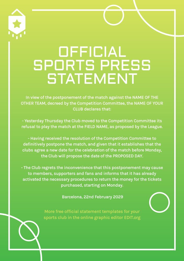 Official sports statement for soccer or tennis to edit online for free