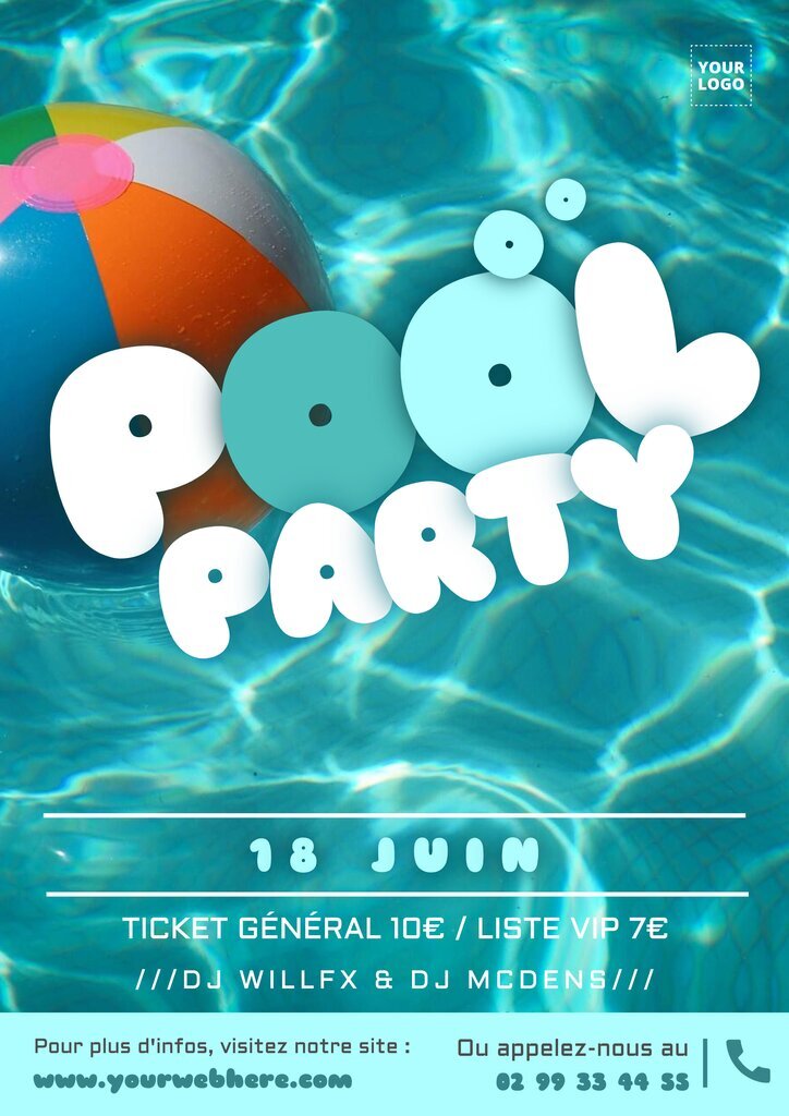 flyer éditable pour une pool party avec fond de piscine