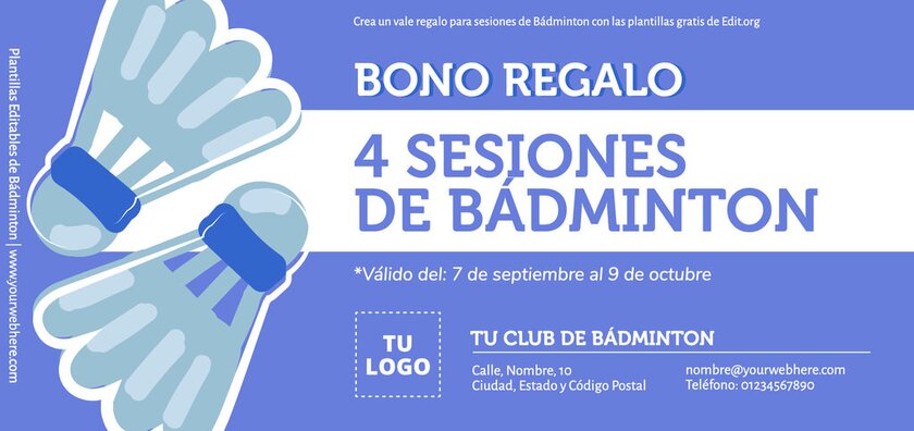 Vale regalo personalizable pasa sesiones de Bádminton