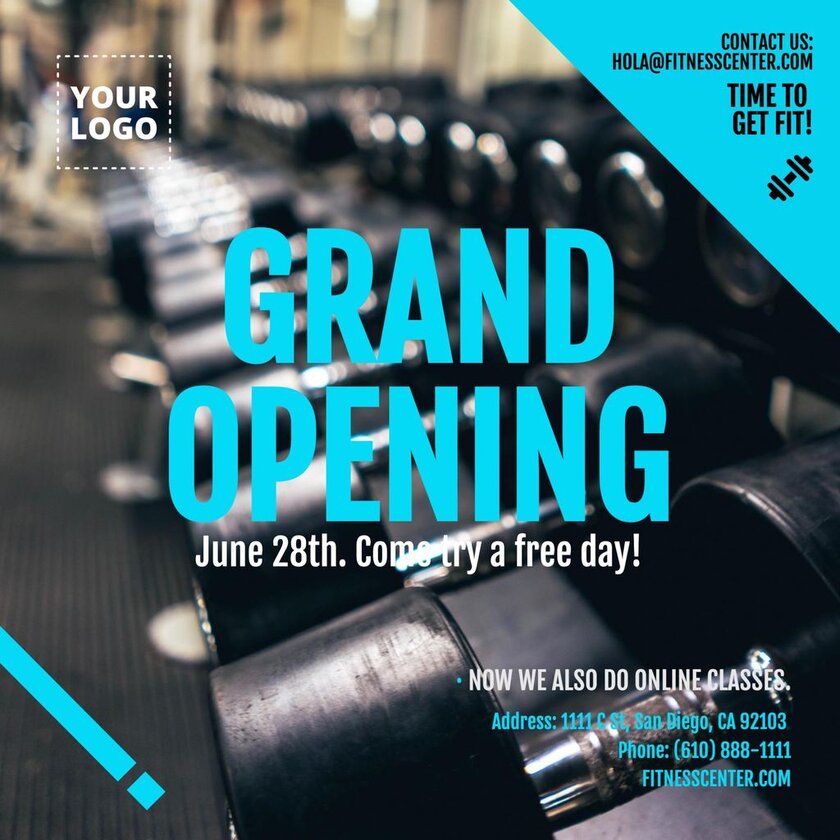Grand opening. Square invitation gym template to edit