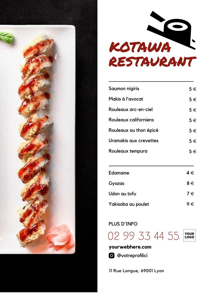 Design d'un menu pour restaurant japonais tout en blanc personnalisable