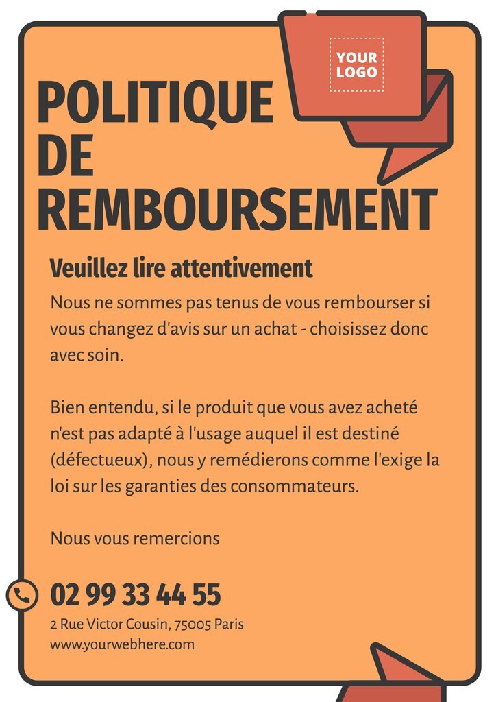 Affiche politique de remboursement en orange avec texte personnalisable