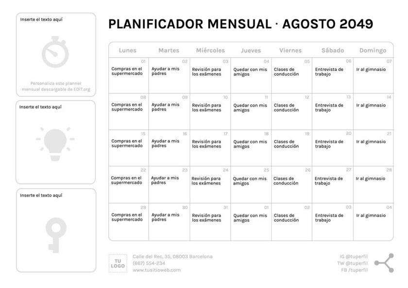 Plantilla planificador mensual personalizable online