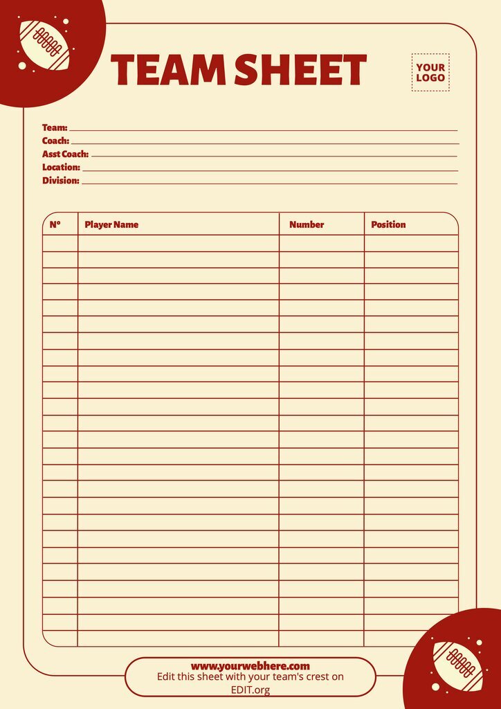 Editable football team sheet template printable