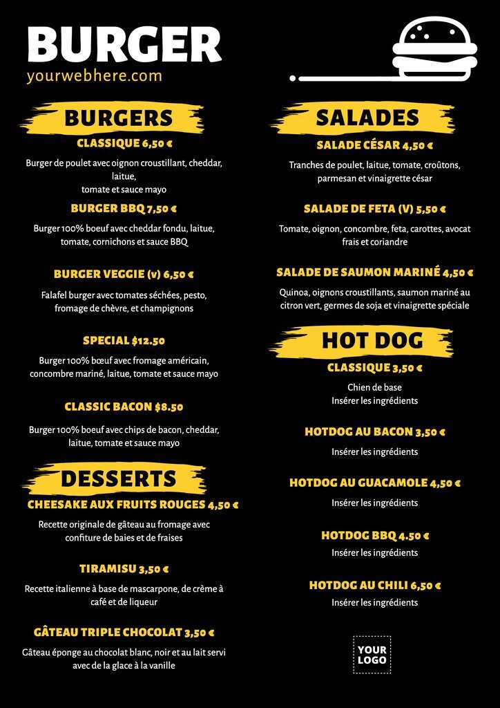 menu pour burgers bi colour noir et jaune pour restaurant et personnalisable