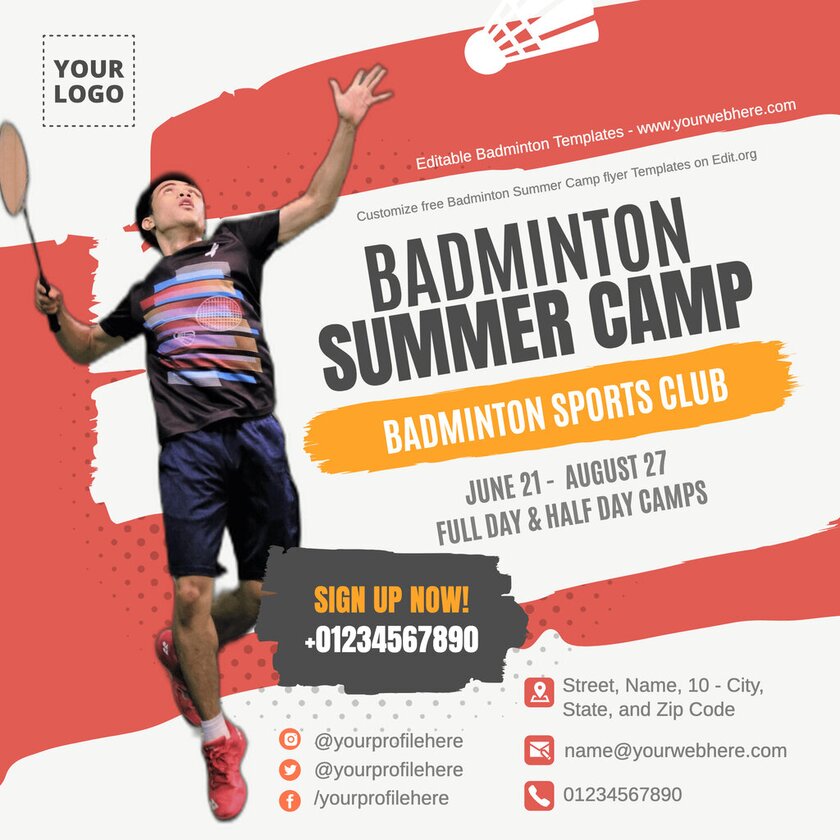 Editable badminton flyer template for a summer camp