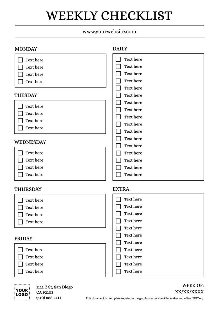 To-do weekly checklist template editable online