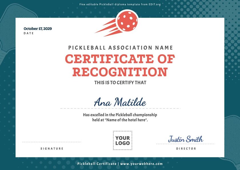 Customizable Pickleball certificate design to print