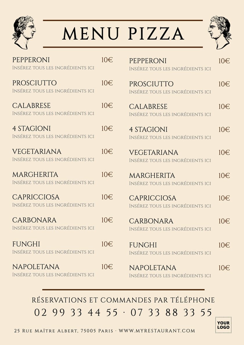 modèle éditable en ligne de menu pizza beige romain