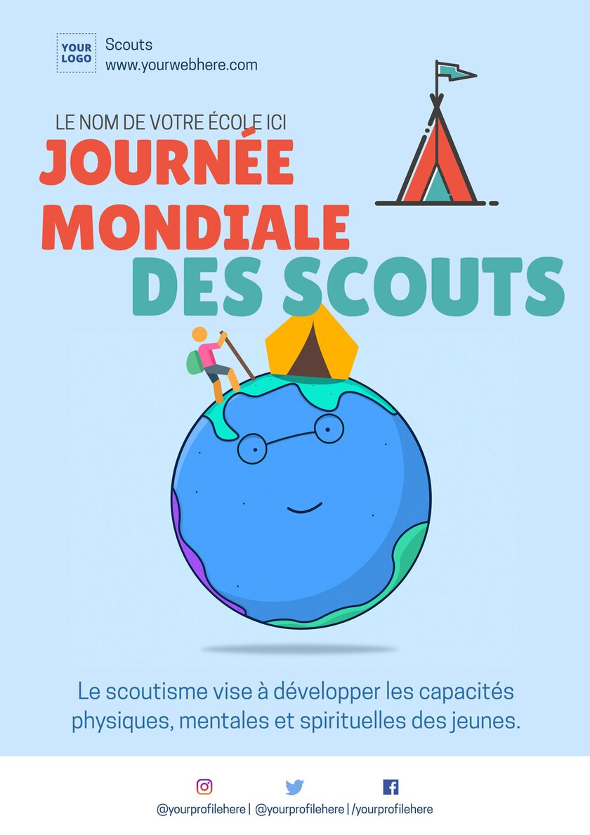 modele de prospectus éditable avec dessin de la planète terre pour la journée mondiale des scouts