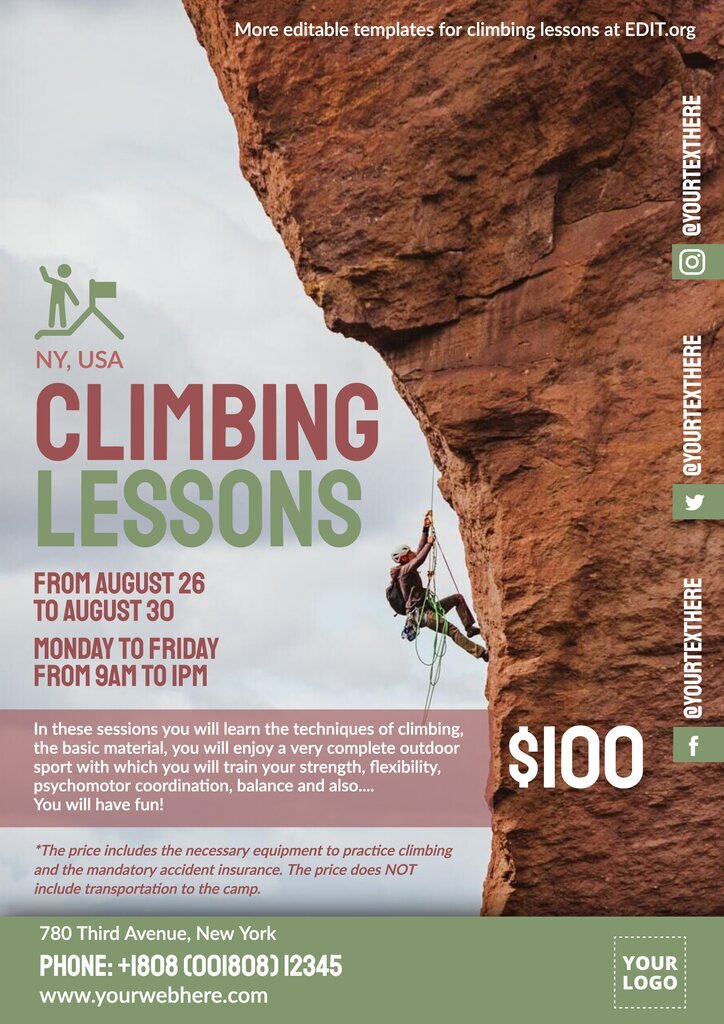 Design gratuito di poster personalizzati per lezioni di arrampicata