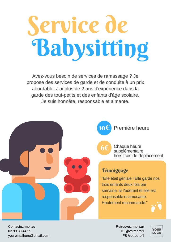 Modèle personnalisable de prospectus bleu et jaune pour service de baby-sitting