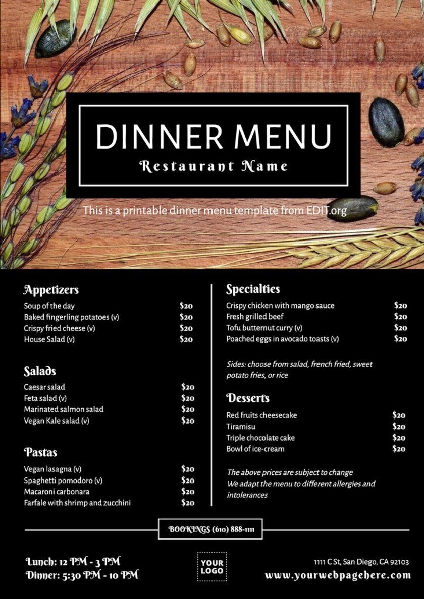 Bearbeitbare Blanko-Vorlage für eine Restaurant-Abendkarte