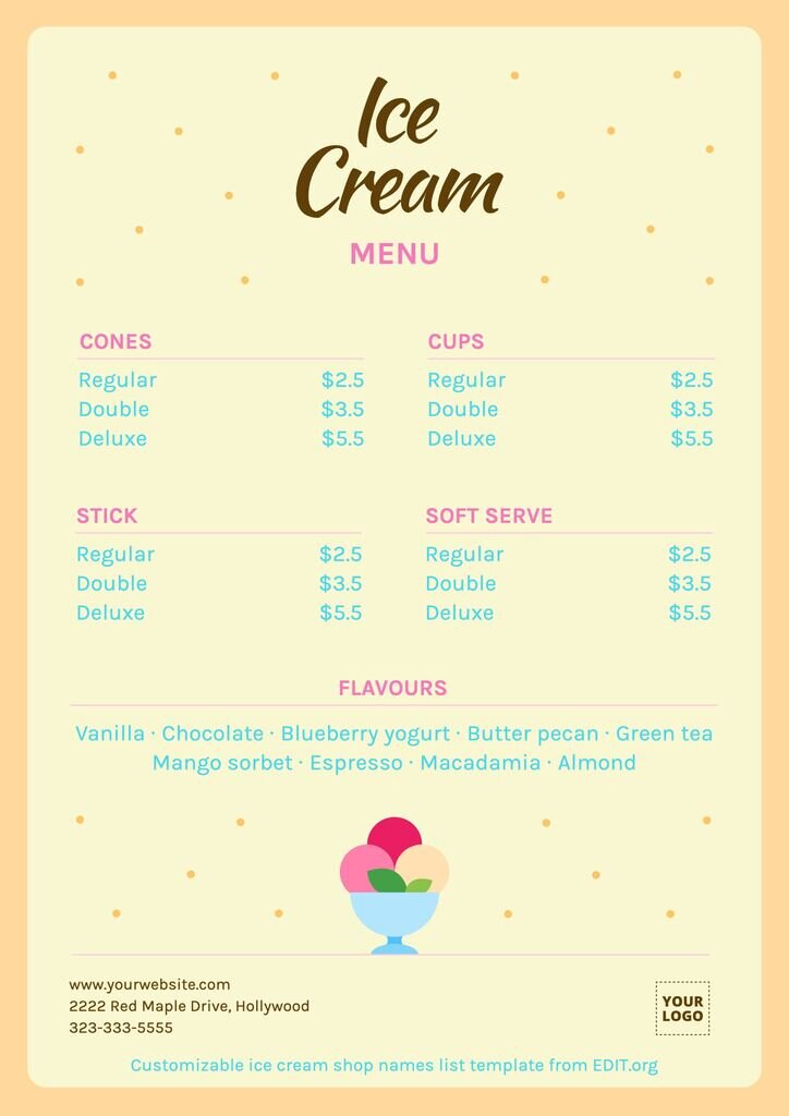 Printable ice cream menu board and list to custom online