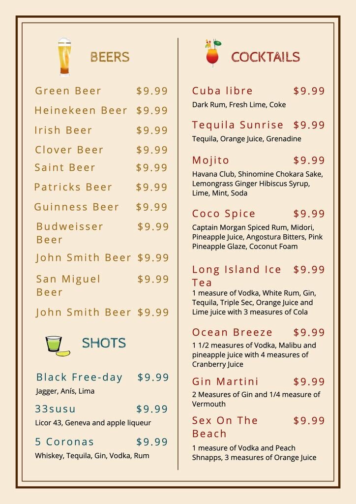 Drink menu editable template for beers, cocktails and shots