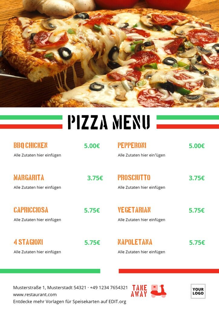 Kostenlose Vorlagen für Pizza Menüs