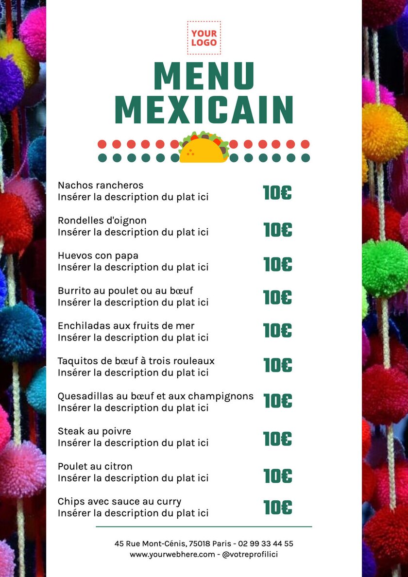 modèle éditable en ligne de menu de restaurant mexicain blanc et avec des ponpons