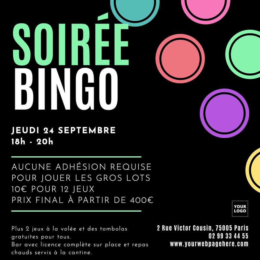 modèle d'affiche de prospectus noir de soirée bingo avec points multicolors