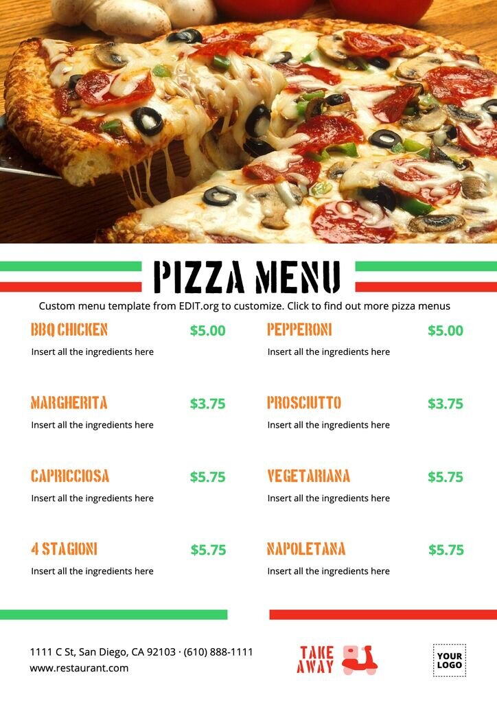 Blank italian menu template to customize online with pizzas