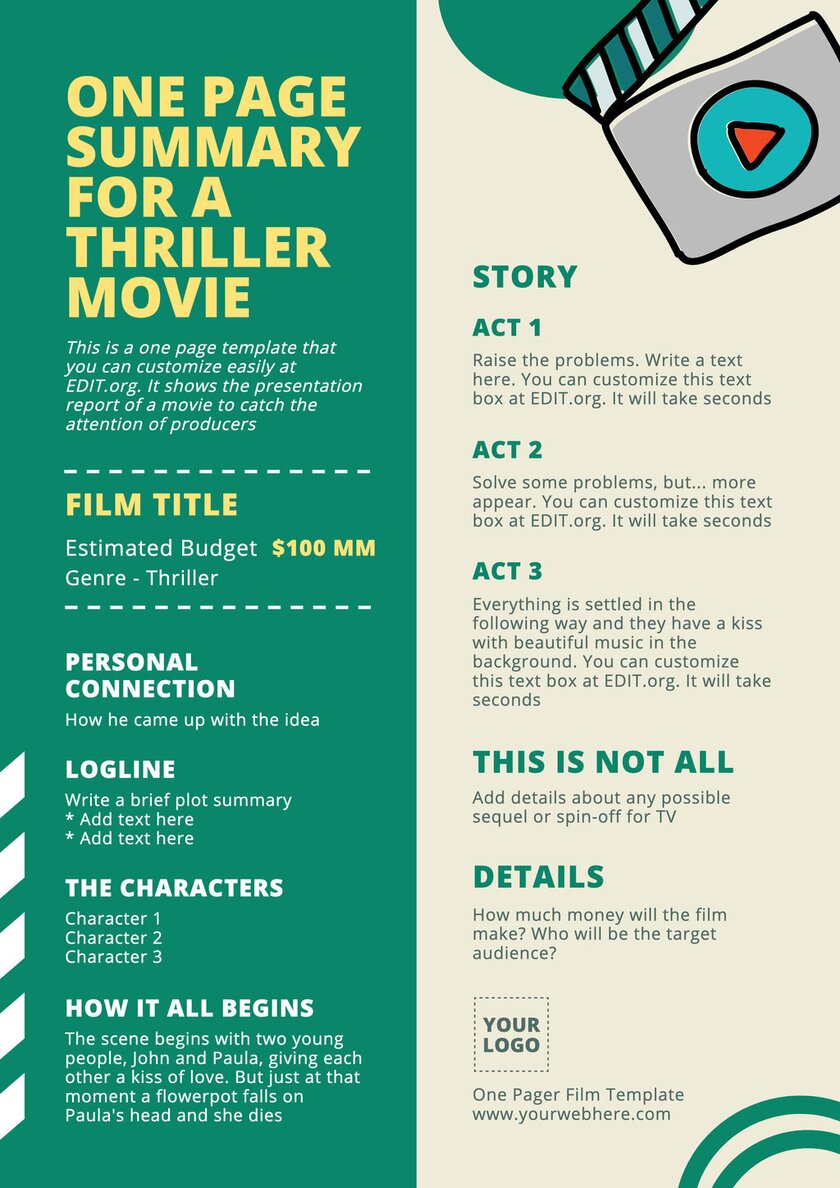 Editable one page presentation template for a movie