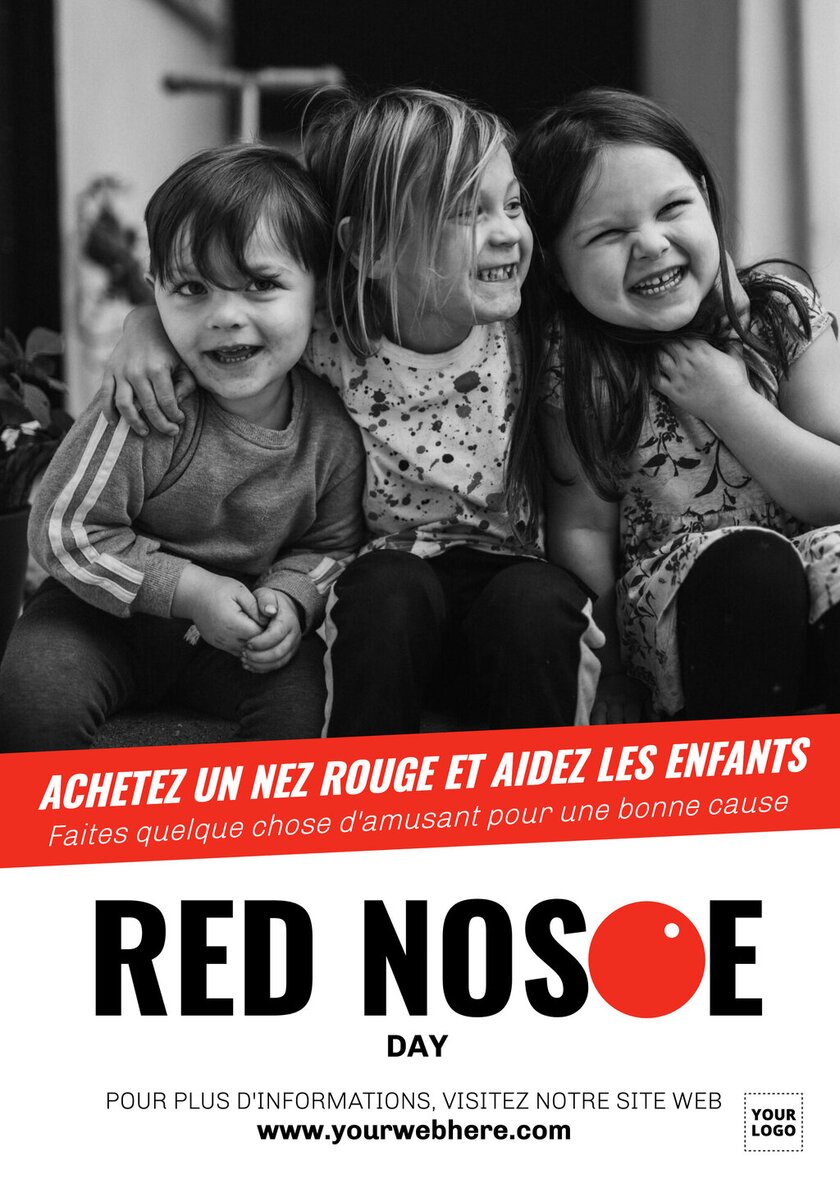 modèle d'affiche pour le red nose day éditable avec photo en noir et blanc 