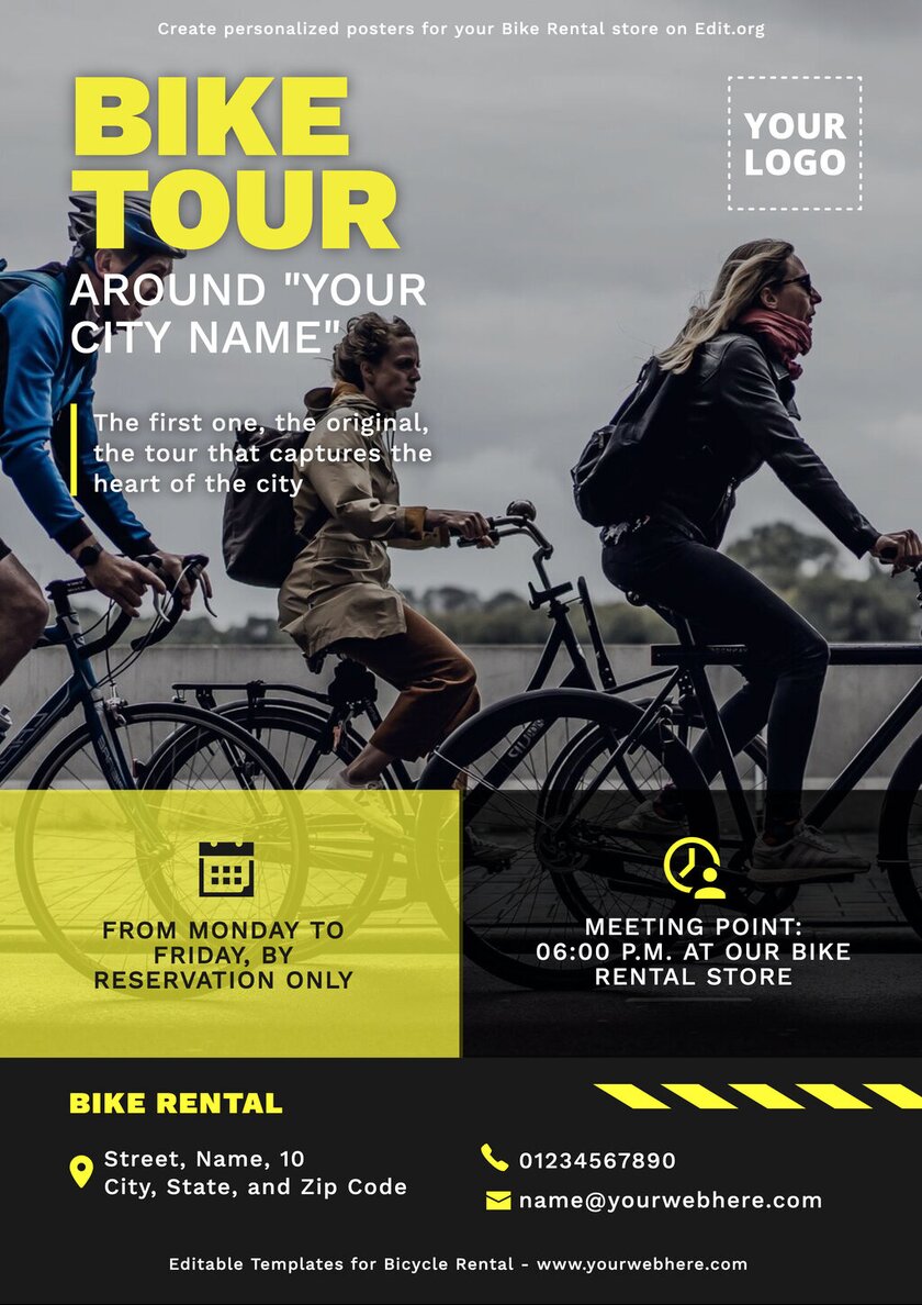 Editable rent a bicycle poster template for tours
