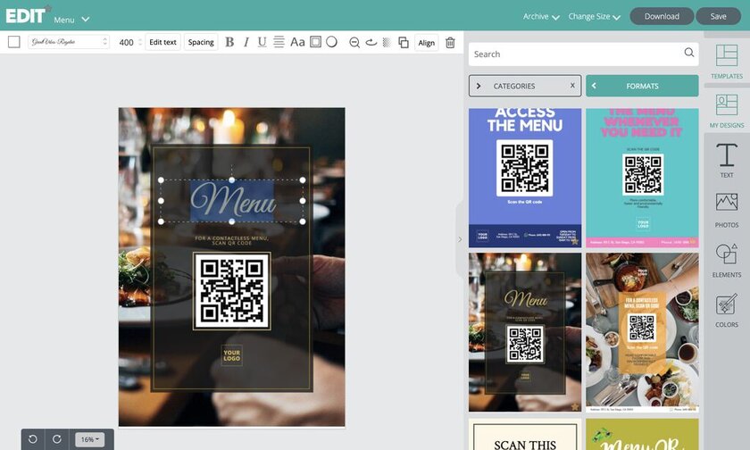 Templates editor to put your menu QR codes in great designs