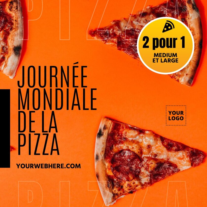 Affiche pour la journée mondiale de la pizza avec fond orange et vraies photos