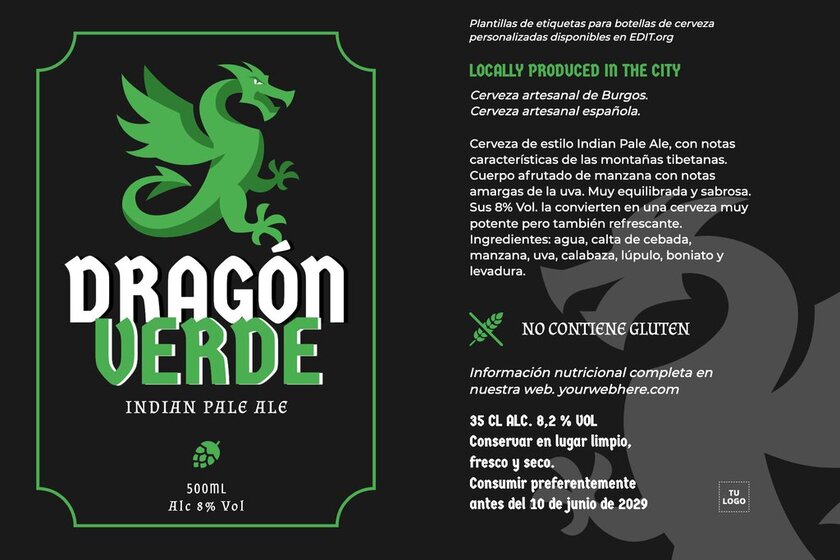 Diseño de etiquetas para botellas de cerveza gratis de color negra y verde
