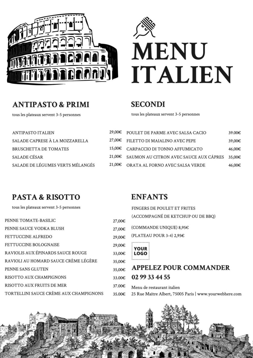 modèle de menu de restaurant italien éditable en ligne noir et blanc