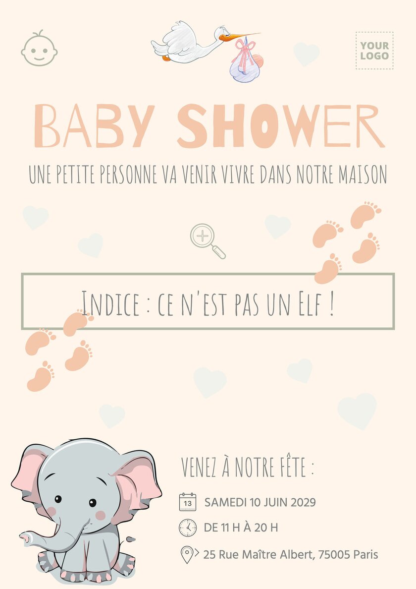 modèle d'invitation rose à une baby shower avec un éléphant